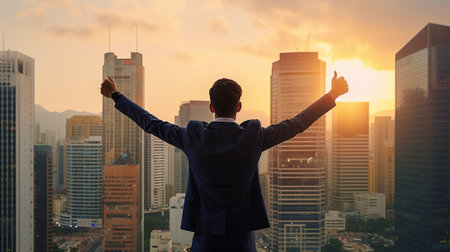 Business winner Happy young man in formalwear keeping arms raised and expressing positivity while standing outdoors with cityscape in the background : Generative AIの素材