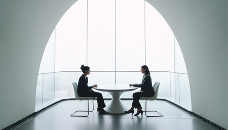 Business meeting Two business people sitting in front of each other in the office while discussing something : Generative AIの素材
