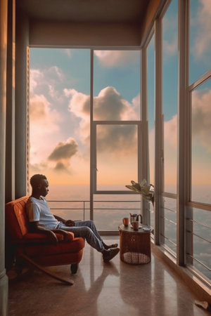 Confident African man using smart phone while sitting on the window sill in office : Generative AIの素材