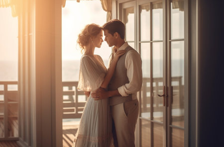Beautiful young couple embracing and kissing while spending time on the sea view terrace together : Generative AIの素材