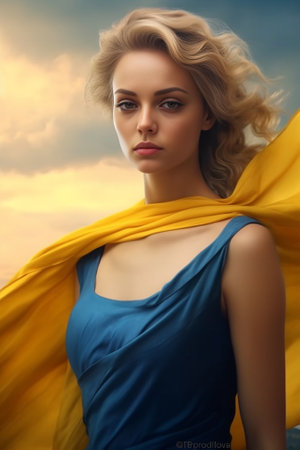 Beautiful young Ukrainian woman covering with national flag with sky in the background : Generative AIの素材