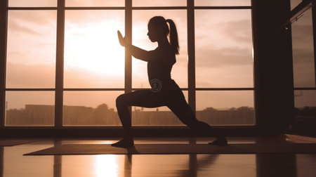 Confident African woman in sports clothing doing stretching exercises near the window in gym : Generative AIの素材