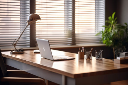 Comfortable working place Closeup of comfortable working place in office with wooden table and laptop laying on it : Generative AIの素材