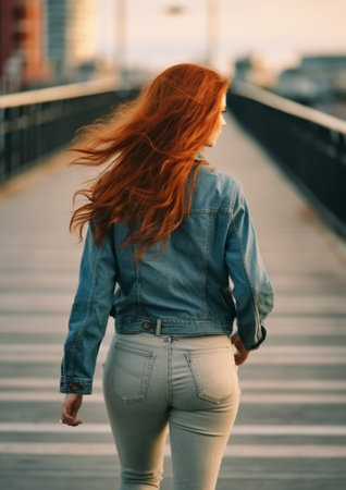 City girl Full length rear view of young woman looking over her shoulder while walking down the street : Generative AIの素材