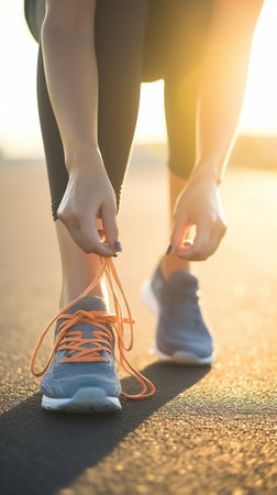 Confident female athlete in sports clothing tying shoe laces before training outdoors : Generative AIの素材
