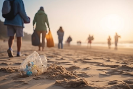 Closeup of young people walking by the beach while two men carrying plastic cooler : Generative AIの素材