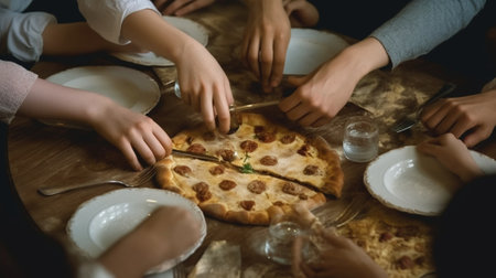 Closeup of woman serving meal on table during family gathering : Generative AIの素材