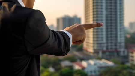 Businessman pointing away Confident young man in formalwear pointing away while standing outdoors with cityscape in the background : Generative AIの素材