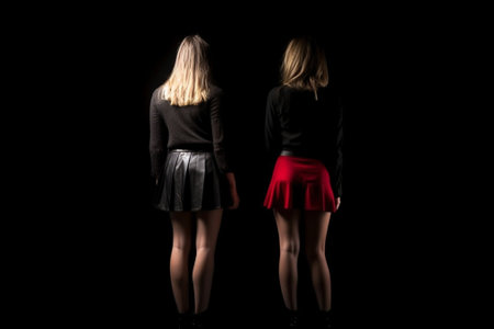 Confident beauty Rear view of beautiful young women looking at camera and holding hands on hip while standing against grey background : Generative AIの素材