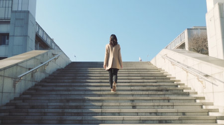 Choosing the right direction Closeup of young woman in casual wear running up the stairs outdoors : Generative AIの素材