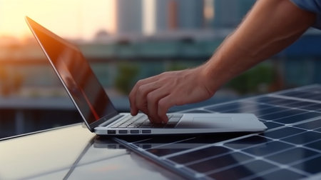 Confident mature man working on laptop and using mobile phone while standing on the rooftop terrace : Generative AIの素材