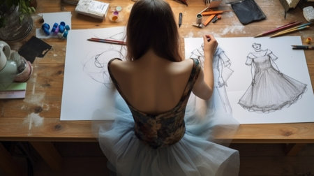 Concentrated at work Close up top view of fashion designer making sketches while working in clothing design studio : Generative AIの素材