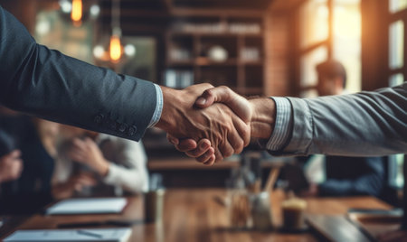 Business handshake Closeup of two men shaking hands while sitting at the wooden desk : Generative AIの素材