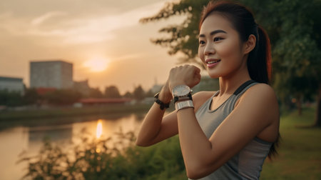 Checking the time Beautiful young woman in sports clothing looking at her wristwatch while standing on the bridge : Generative AIの素材