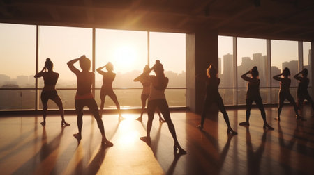 Concentrated at their workout Beautiful young women with perfect bodies in sportswear exercising with barre while standing in front of window at gym : Generative AIの素材