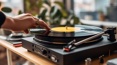Closeup of happy multiracial man putting vinyl record on turntable : Generative AIの素材