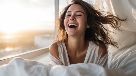 Beautiful young woman smiling while waking up in the morning : Generative AIの素材