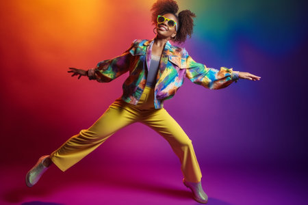 Attractive African woman in fluffy jacket dancing against colorful background : Generative AIの素材
