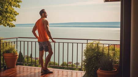 Confident male athlete doing stretching exercises with the sea view on background : Generative AIの素材