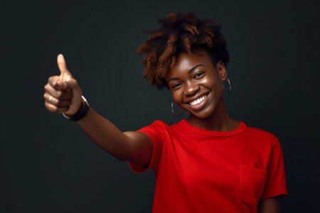 Cheerful teenager Cropped image of cheerful African teenager smiling and holding hand on chin while standing isolated on grey background : Generative AIの素材