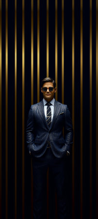 Confident in his handsome look Handsome young man in formalwear adjusting his sunglasses and holding one hand in pockets while standing against striped background : Generative AIの素材