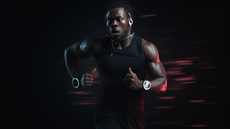 Confident African man in sportswear using smart watch while during his sport training outdoors : Generative AIの素材