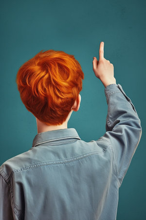 Concentrated redhead man listening while holding hand near ear and against red background : Generative AIの素材