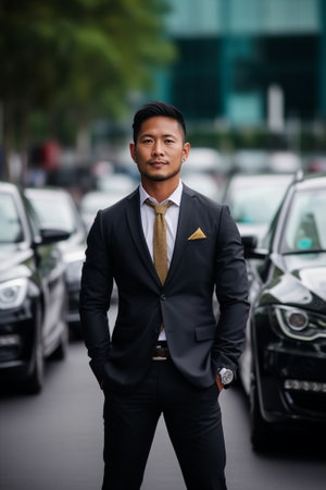 Confident in his style Full length of handsome young businessman keeping arms crossed and smiling while standing near his car outdoors : Generative AIの素材