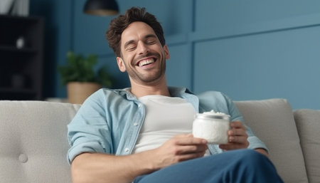 Chill time on sofa Joyful young man holding hands behind head and smiling while lying on sofa : Generative AIの素材