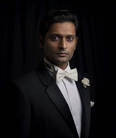 Confident Indian businessman adjusting his necktie against black and white background : Generative AIの素材