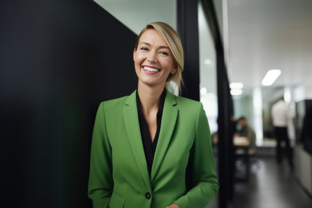 Confident businesswoman looking away and smiling while standing in the office : Generative AIの素材