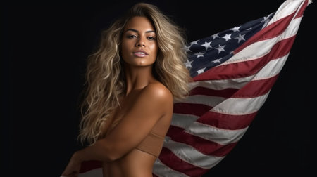 Beauty with American flag Beautiful young black woman covered with American flag having fun while standing against grey background : Generative AIの素材