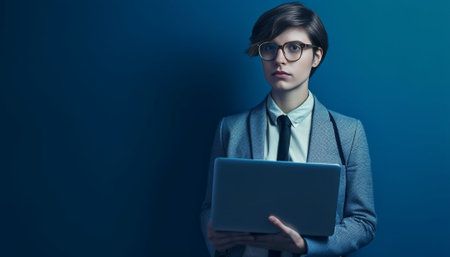 Confident and creative Handsome young man in eyeglasses holding laptop and looking at camera while standing against brick wall : Generative AIの素材