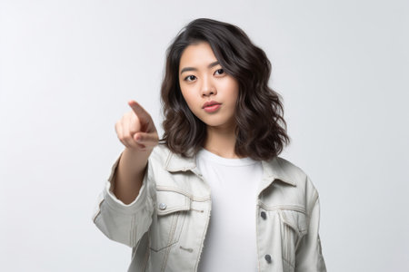 Be quiet Attractive young Asian woman looking at camera and holding finger on lips while standing isolated on white : Generative AIの素材