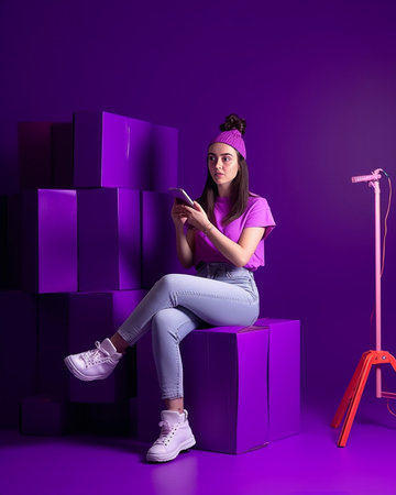Beautiful young woman using smart phone while sitting against purple background : Generative AIの素材