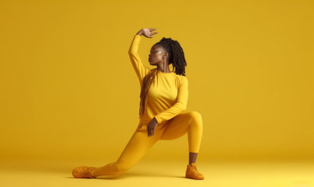 Beautiful young African woman crouching using strap while making social media video : Generative AIの素材