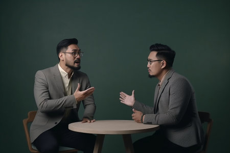 Business conflict Two young men in formalwear arguing and gesturing while sitting at the table : Generative AIの素材
