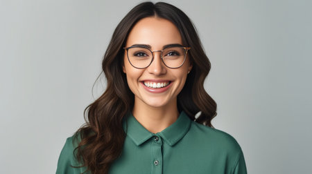 Beautiful and smart Attractive young woman adjusting her thick rimmed glasses and looking at camera with a smile while standing against grey background : Generative AIの素材