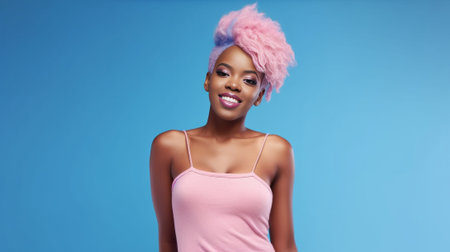 Beautiful young African woman with pink hair adjusting her denim shirt against pink background : Generative AIの素材