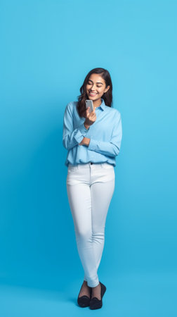 Beautiful young woman in elegant hat showing her mobile phone while standing against blue background : Generative AIの素材