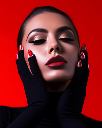 Classic red Closeup of a beautiful woman with red manicure holding fingers on face while standing against grey background : Generative AIの素材