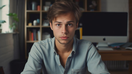 Concentrated young man in shirt looking at camera while having video call : Generative AIの素材