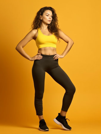 Beautiful young woman keeping arms crossed while standing against yellow background : Generative AIの素材