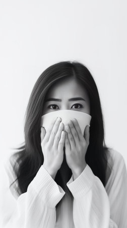 Beautiful young woman looking at camera and covering mouth with hand while standing against grey background : Generative AIの素材