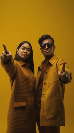 Beautiful young couple in eyeglasses embracing while standing against yellow background : Generative AIの素材