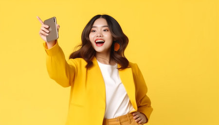 Beautiful woman holding smart phone and sending a kiss while standing against yellow background : Generative AIの素材