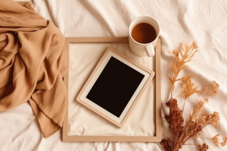 Blogger concept High angle shot of sweater flowers cup of coffee gift box smart phone and photo frame on wooden desk : Generative AIの素材