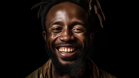 Always stay real Portrait of handsome young African man looking at camera with smile while being in front of black background : Generative AIの素材