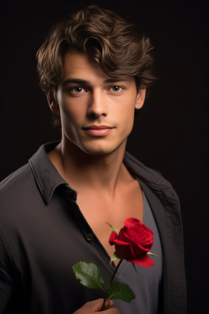 Beautiful flower for you Handsome young man holding a red rose and smiling while standing isolated on white background : Generative AIの素材