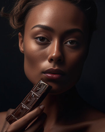 Chocolate mood Closeup of young women holding bar of chocolate and smiling while standing against grey background : Generative AIの素材